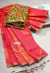 Reddish Pink - Isha - Chanderi Cotton Floral Prints with Small Border