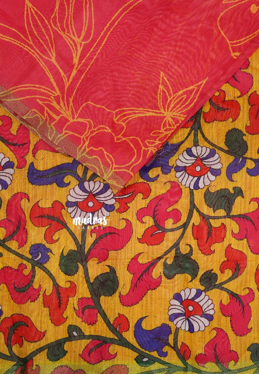 Reddish Pink - Isha - Chanderi Cotton Floral Prints with Small Border