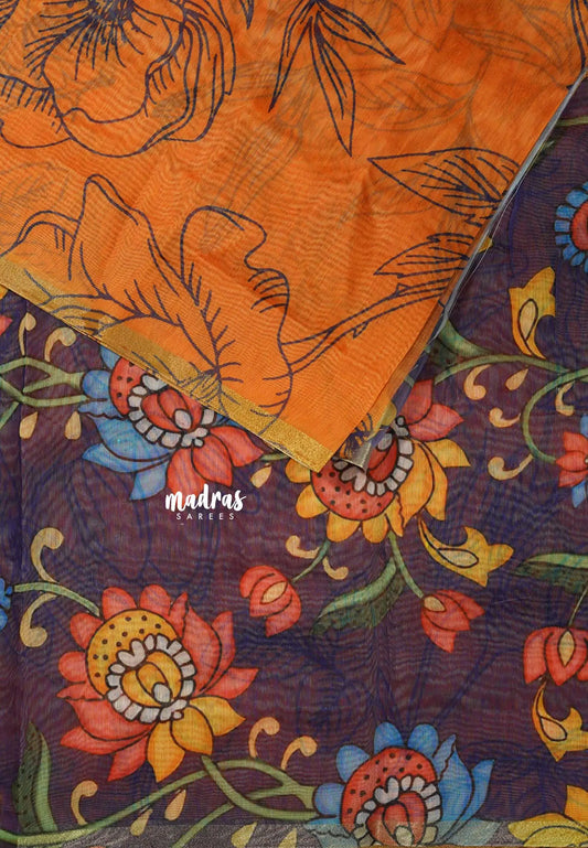 Orange - Isha - Chanderi Cotton Floral Prints with Small Border