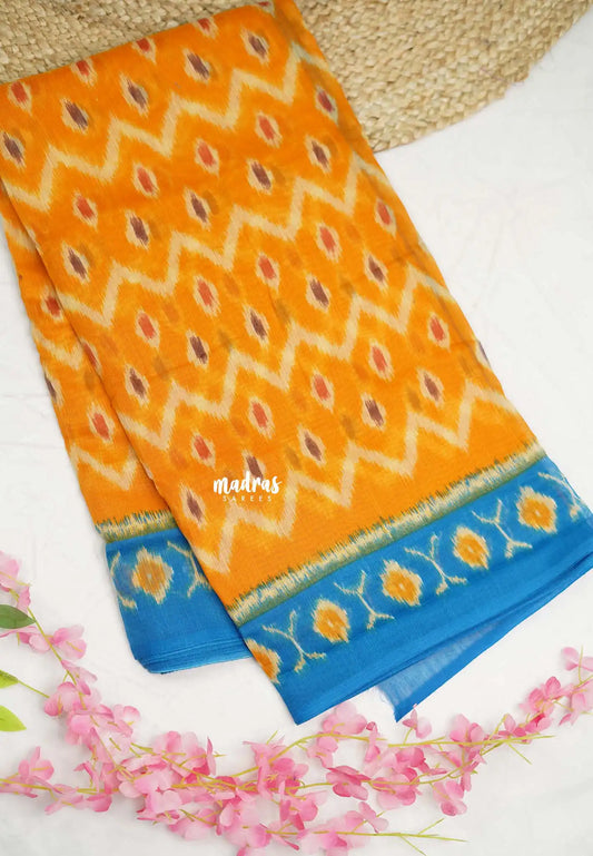 Isha chanderi cotton Ikkat designs - Orange with blue