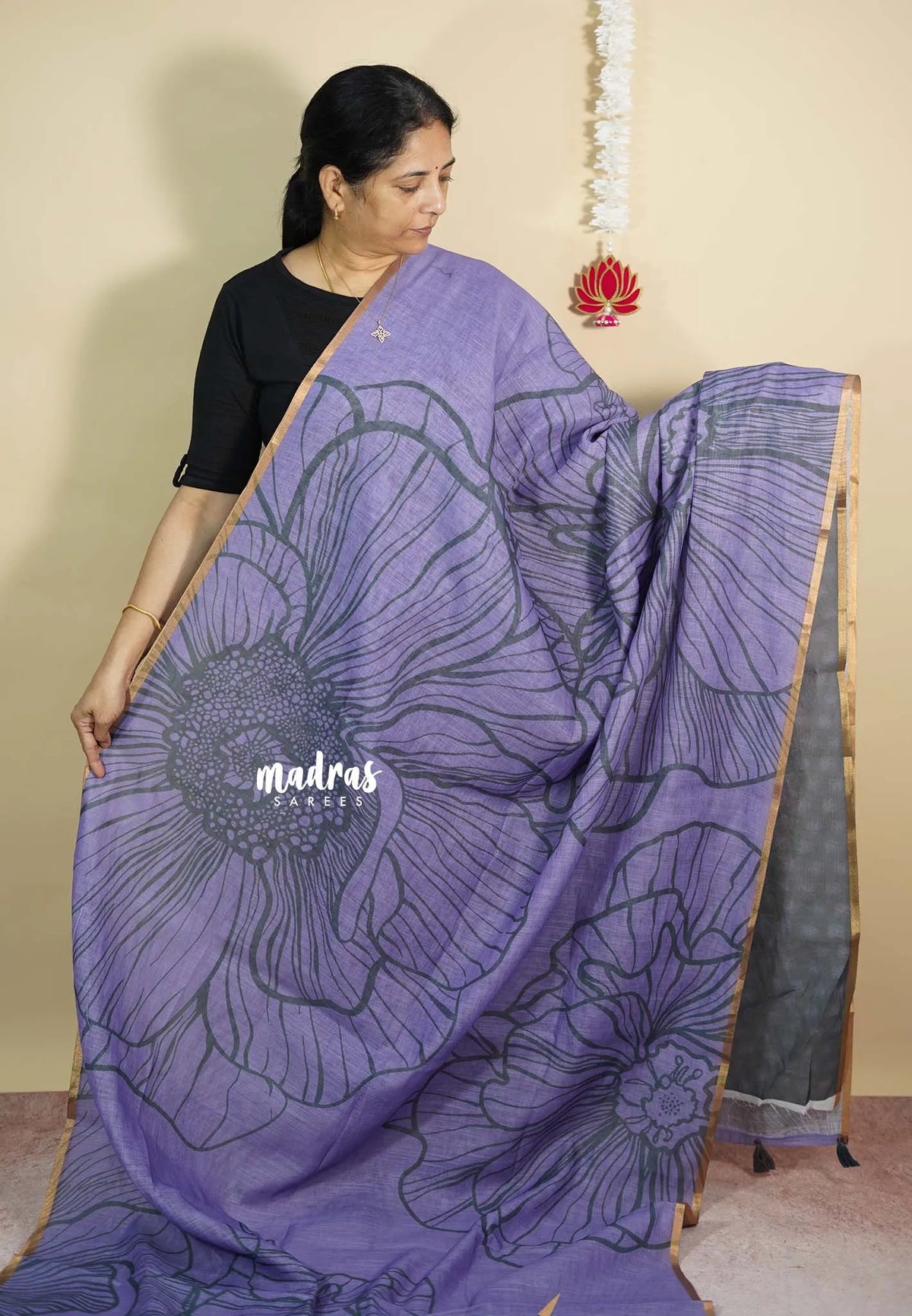 Lavender - Isha - Chanderi cotton with big floral prints with tiny boder Design 1