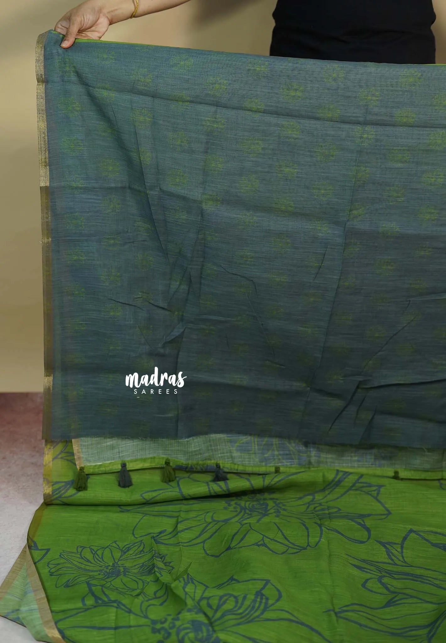 Grass Green - Isha - Chanderi cotton with big floral prints with tiny boder