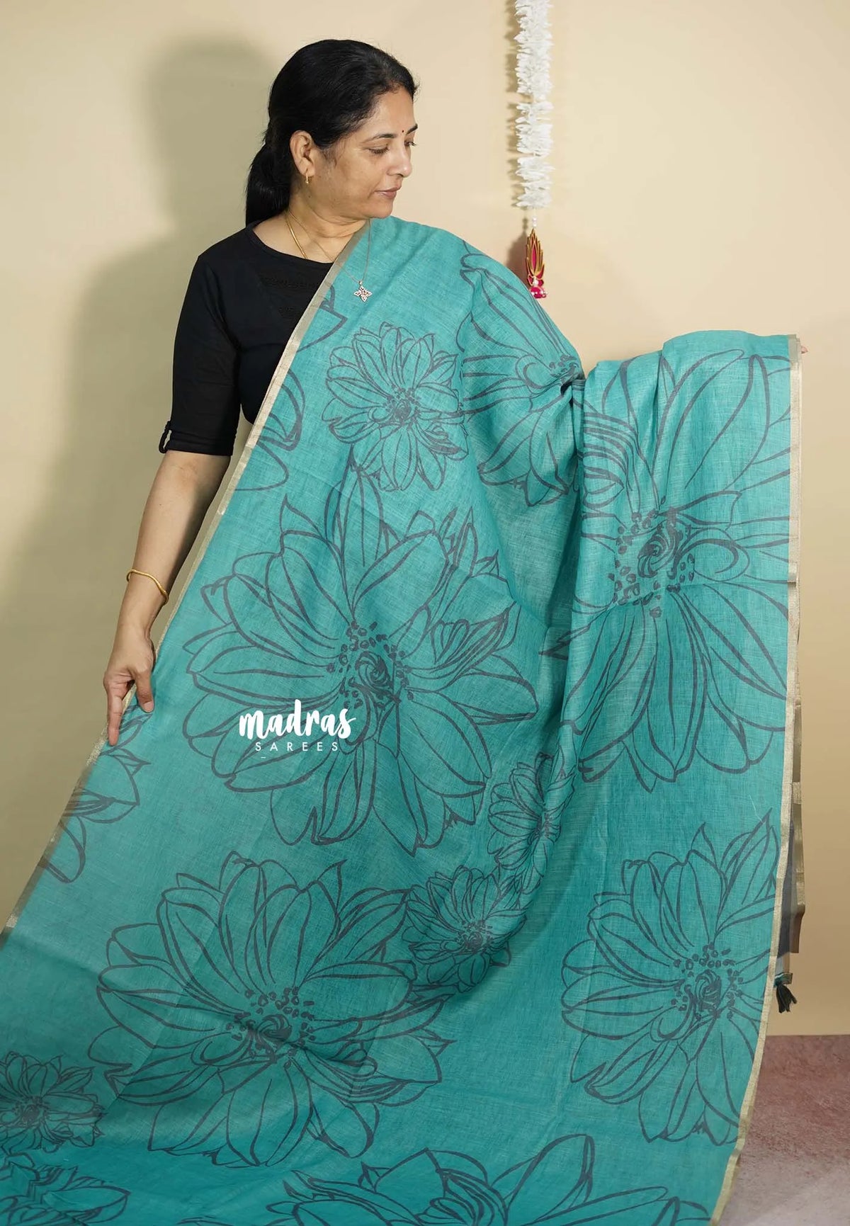Sea Green - Isha - Chanderi cotton with big floral prints with tiny boder