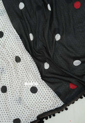 White with Black - Isha - Chanderi Cotton Saree Half and Half Design with Pompoms - Best for Casual Wear