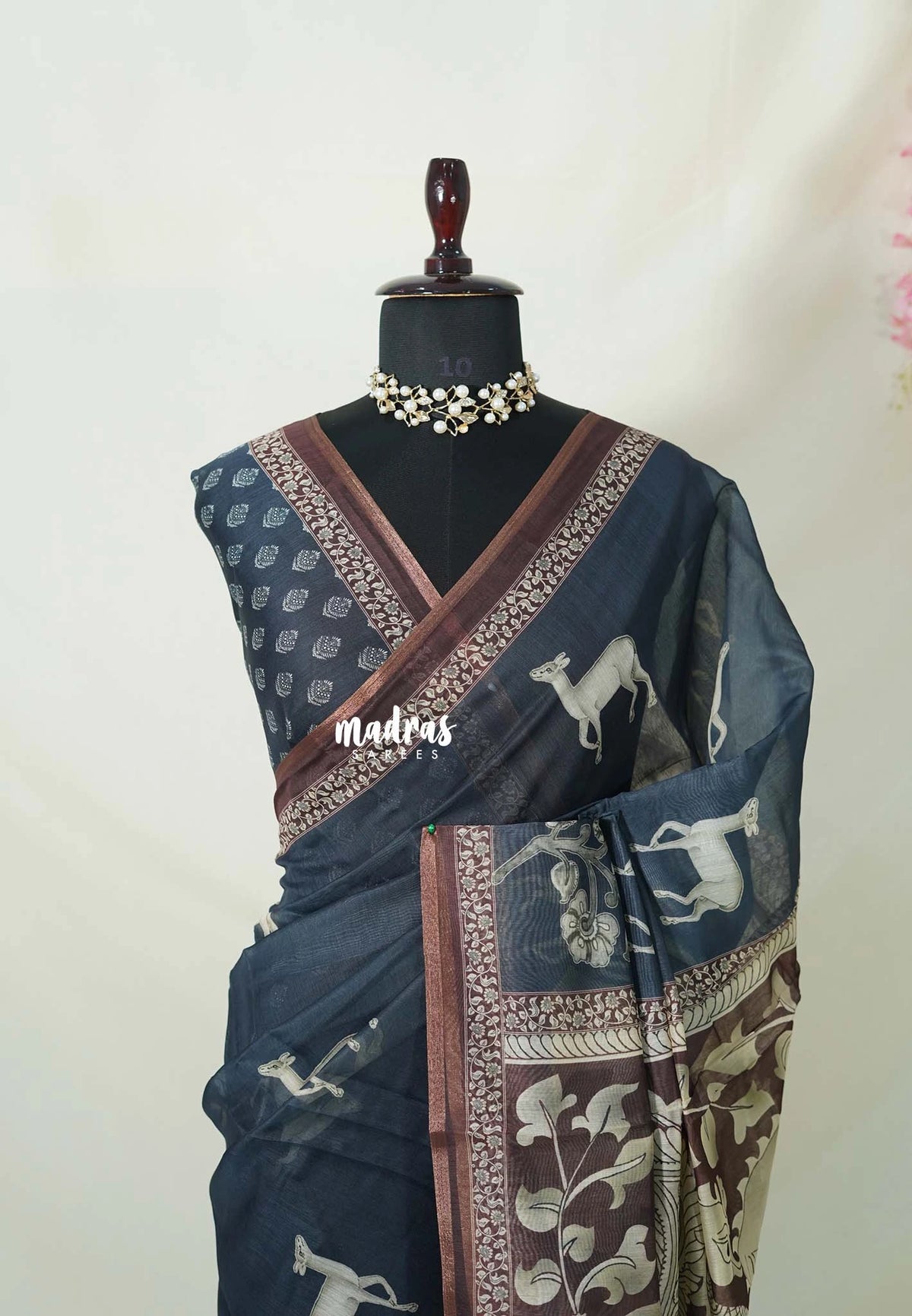Elephant Grey - Isha - Chanderi Cotton Saree Vintage Prints - Perfect for Office Wear | corporate meetings | College