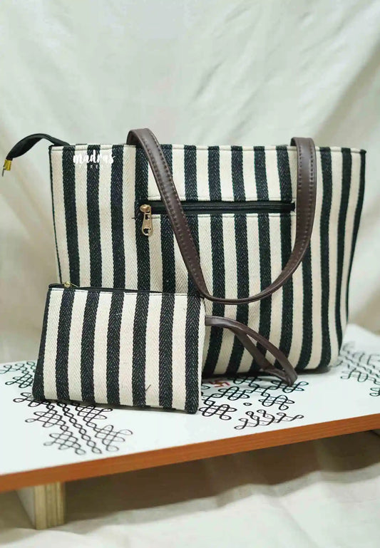 Office Tote hand bag Zacard & Jute weaving and small purse combo - Black and white