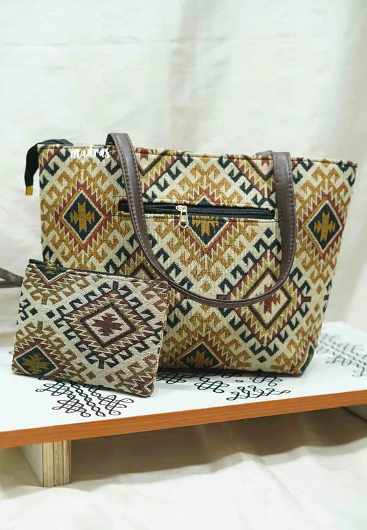 Office Tote hand bag Zacard & Jute weaving and small purse combo - Brown shade