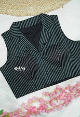 Aazhi - Sleeveless shirt collar blouse - Black with white stripes