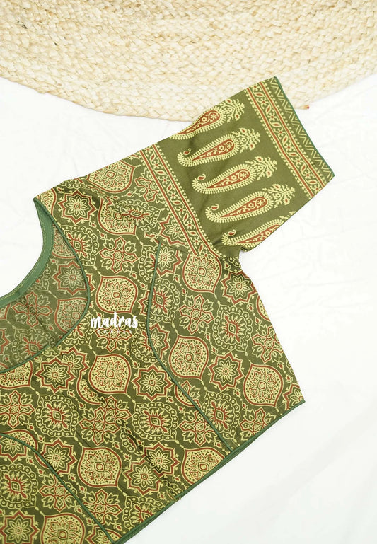 Aazhi Ajrakh print Pure cotton readymade blouse - Mehendi green