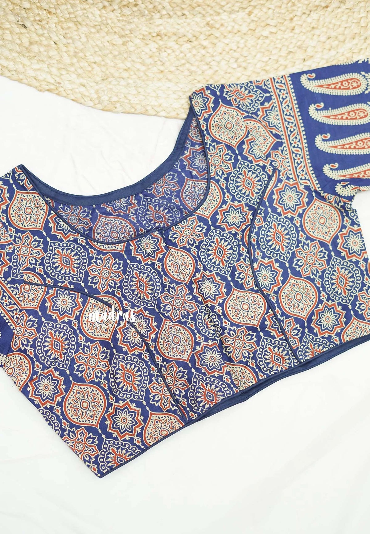 Aazhi Ajrakh print Pure cotton readymade blouse - Navy blue