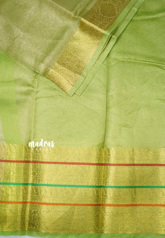 Janhvi - Banarasi crushed tissue multiborder saree - Neon green with gold border