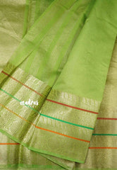 Janhvi - Banarasi crushed tissue multiborder saree - Neon green with Silver border