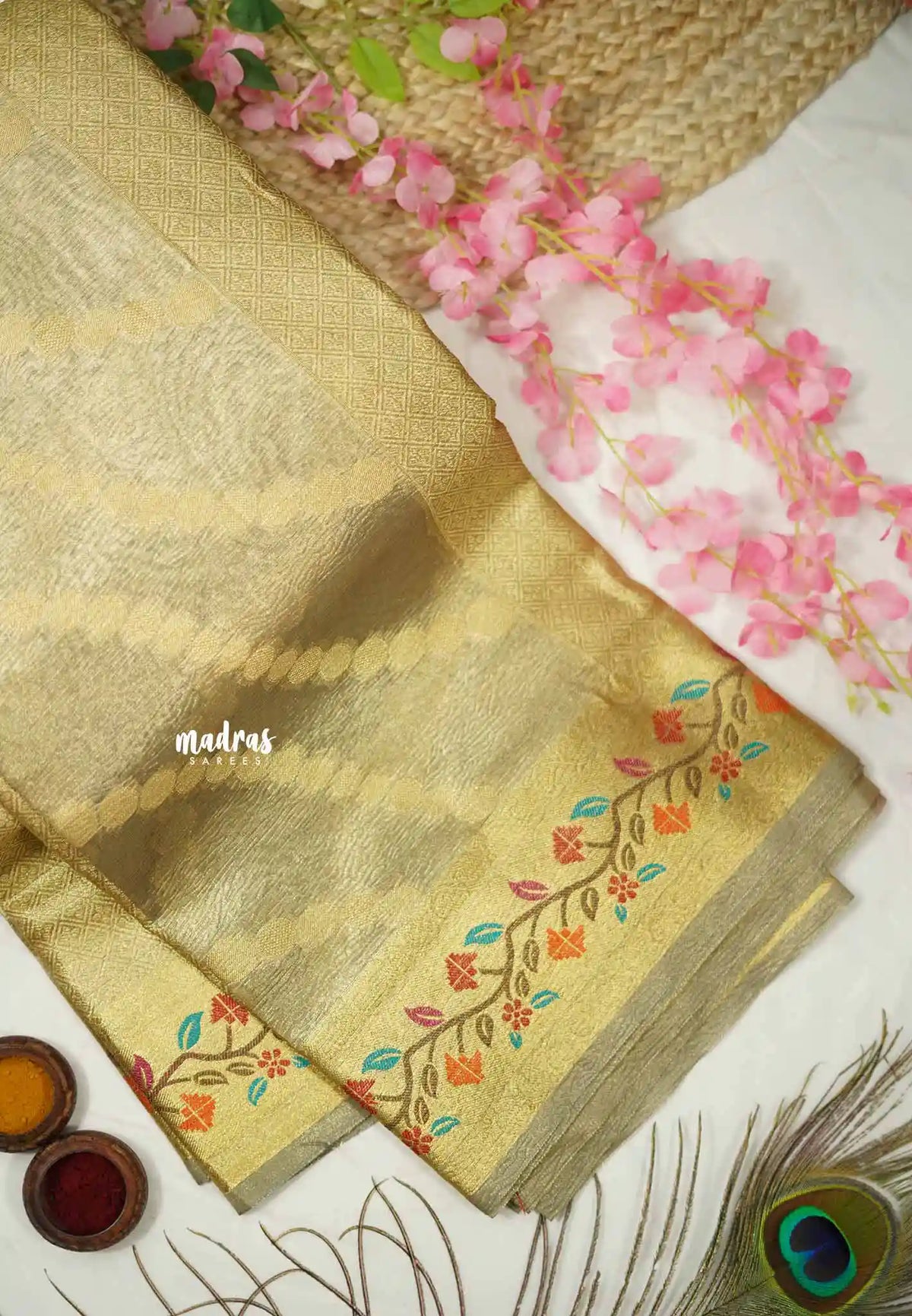 Janhvi - Banarasi crushed tissue meenakari border - Pastel grey