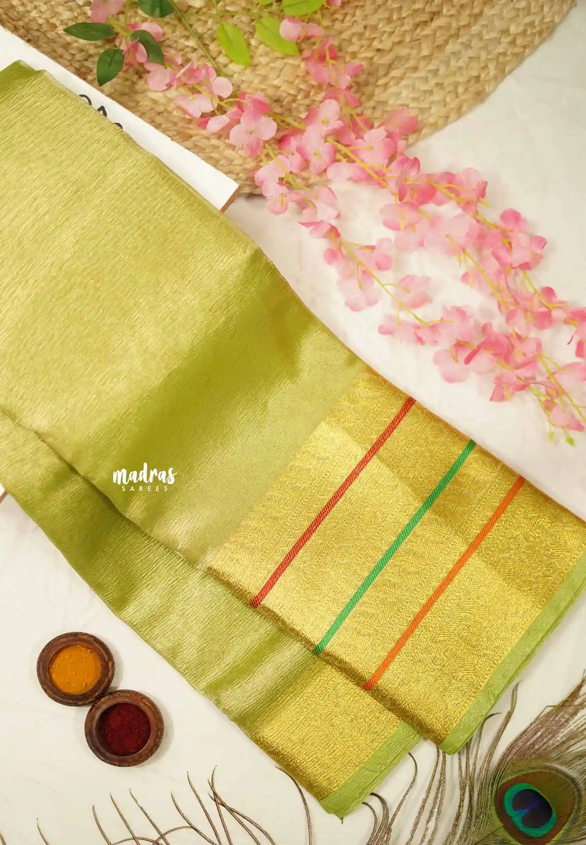 Janhvi - Banarasi crushed tissue multiborder saree - Neon green with gold border