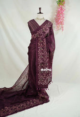 Wine Brown - Jasmine - Fancy Jute with Floral Border - Perfect for Office Wear | Casual Wear