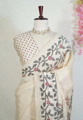Muted Ivory Beige - Jasmine - Fancy Jute with Floral Border - Perfect for Office Wear | Casual Wear