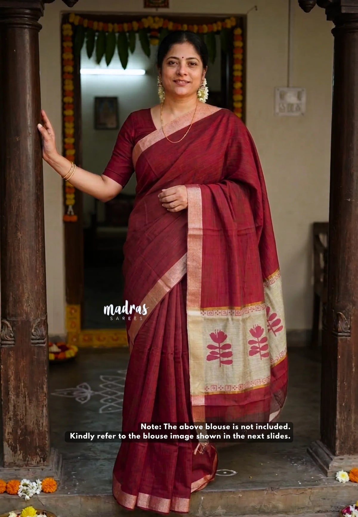 Majestic Maroon - Handmade jute tussar silk saree with handblock prints