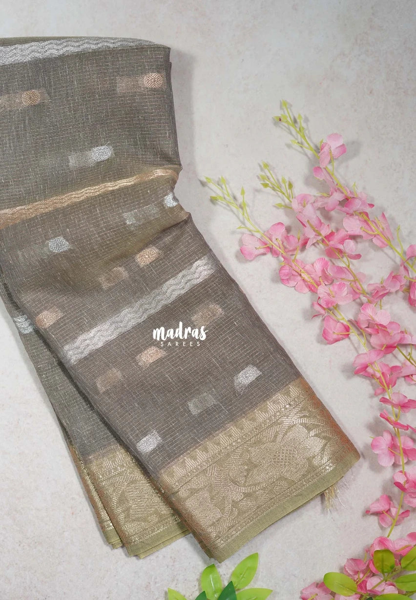 Taupe Grey - Jute Banarasi Weaving saree with Flower Border - Best for Pooja Functions