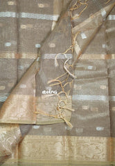 Taupe Grey - Jute Banarasi Weaving saree with Flower Border - Best for Pooja Functions