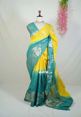 Lemon Yellow & Muted Teal - Premium Jute Silk with Gradient Tone And Floral Jamdani Weaving - Perfect for Night Functions | Tea party