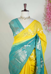 Lemon Yellow & Muted Teal - Premium Jute Silk with Gradient Tone And Floral Jamdani Weaving - Perfect for Night Functions | Tea party