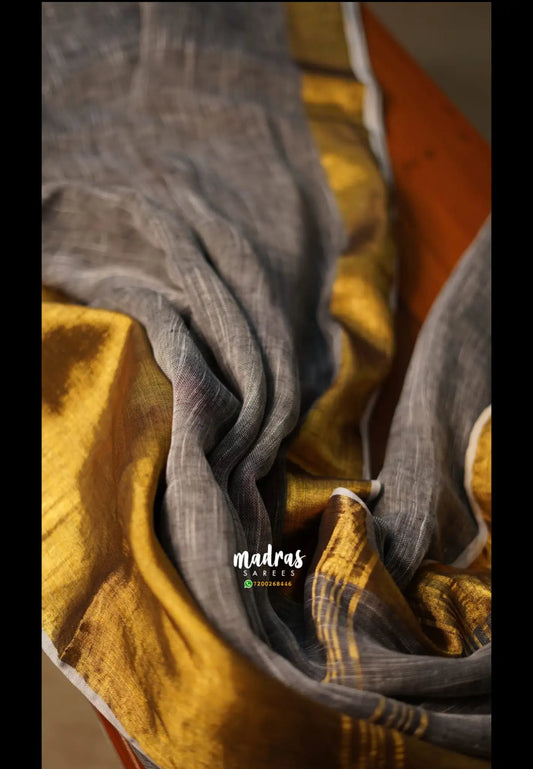 Organic linen Grey with gold saree - Jyothika - Mrunal Takur Grey saree