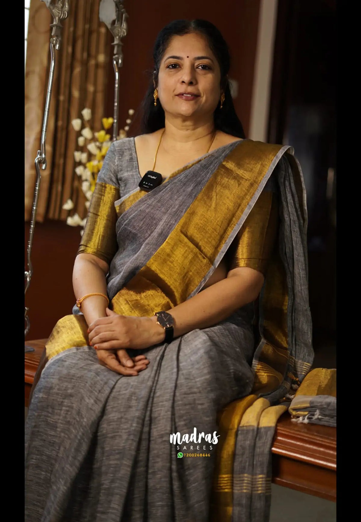 Organic linen Grey with gold saree - Jyothika - Mrunal Takur Grey saree - Madras Sarees 
