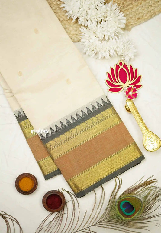 Karthigai silk cotton multi border with temple weaving - Halfwhite