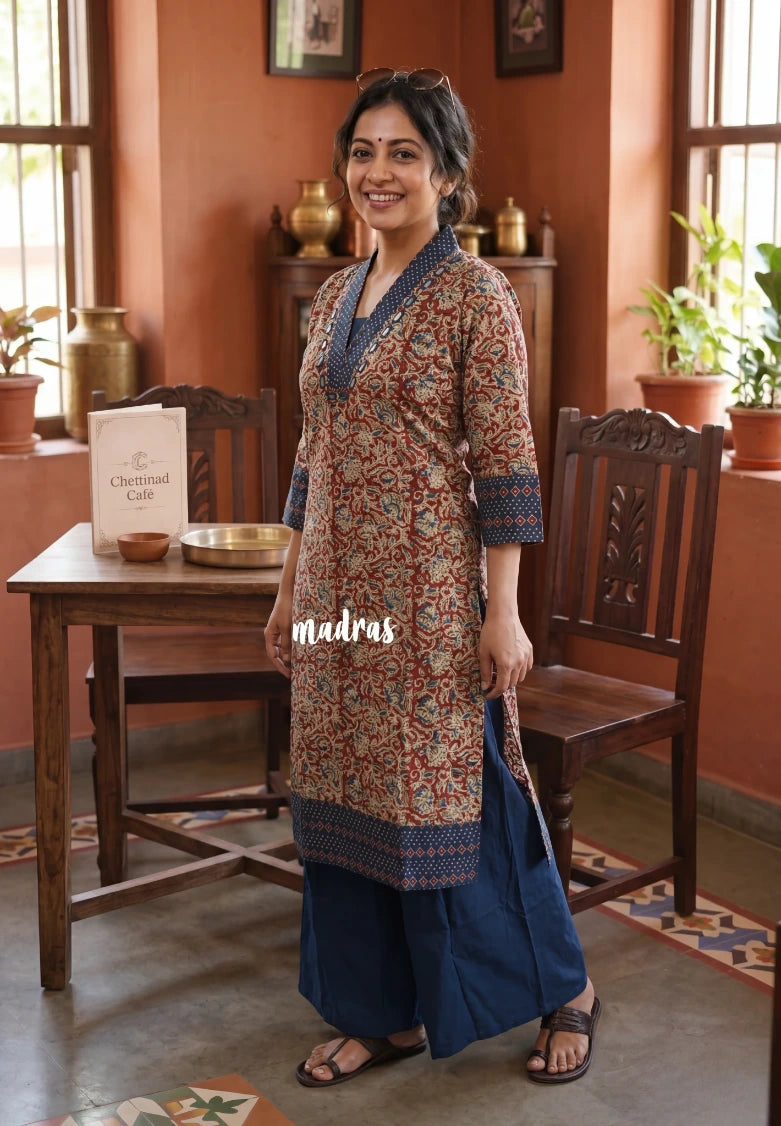 Reddish Maroon with Floral Prints - Aavani - Kalamkari Pure Cotton Readymade Kurti Set with Real Ajrakh Mirror Work - Perfect for Office Wear | Casual Days | Everyday wear