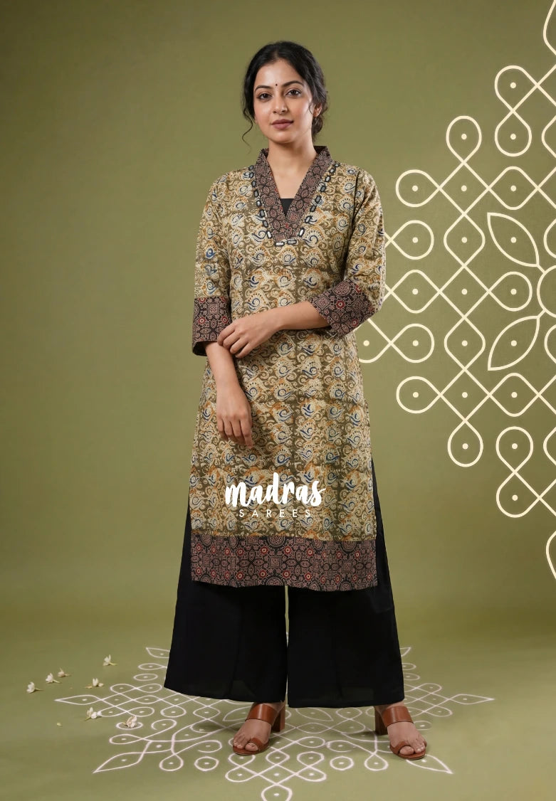 Olive Green with Multicolor - Aavani - Kalamkari Pure Cotton Readymade Kurti Set with Real Ajrakh Mirror Work - Perfect for Office Wear | Casual Days | Everyday wear