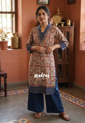 Dark Red with Multicolor - Aavani - Kalamkari Pure Cotton Readymade Kurti Set with Real Ajrakh Mirror Work - Perfect for Office Wear | Casual Days | Everyday wear
