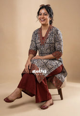 Midnight Black with Floral Prints - Aavani - Kalamkari Pure Cotton Readymade Kurti Set with Real Ajrakh Mirror Work - Perfect for Office Wear | Casual Days | Everyday wear
