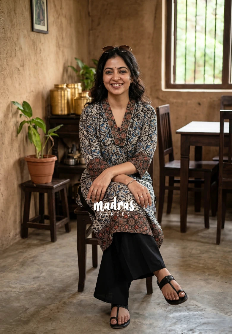 Jet Black with Multicolor - Aavani - Kalamkari Pure Cotton Readymade Kurti Set with Real Ajrakh Mirror Work - Perfect for Office Wear | Casual Days | Everyday wear