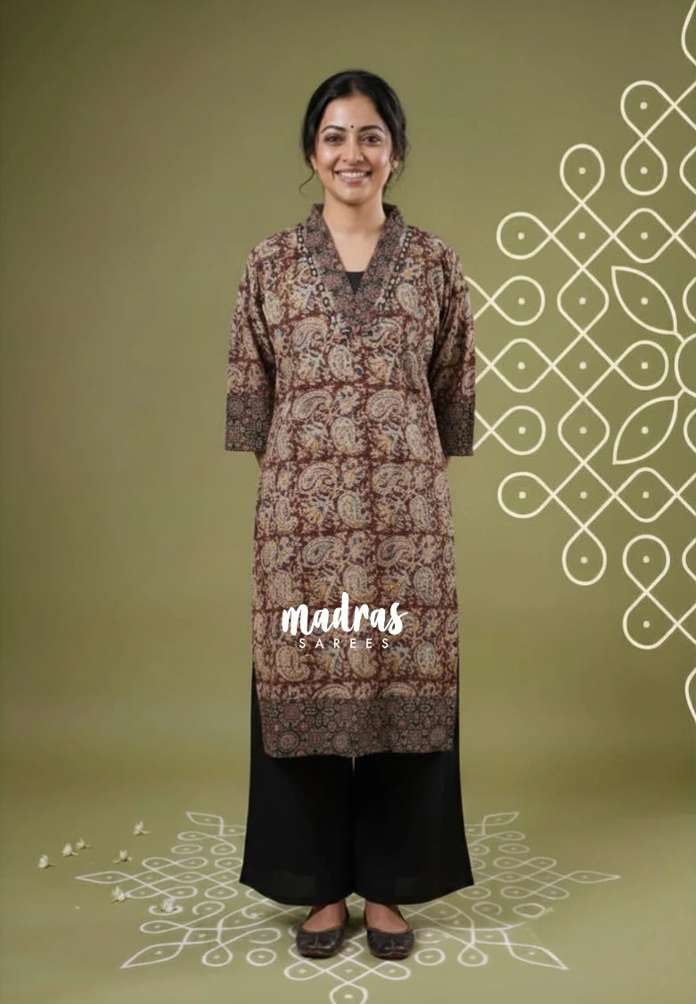 Maroon with Mango Prints - Aavani - Kalamkari Pure Cotton Readymade Kurti Set with Real Ajrakh Mirror Work - Perfect for Office Wear | Casual Days | Everyday wear