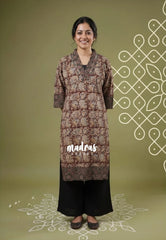 Maroon with Mango Prints - Aavani - Kalamkari Pure Cotton Readymade Kurti Set with Real Ajrakh Mirror Work - Perfect for Office Wear | Casual Days | Everyday wear