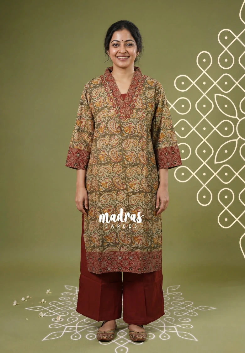 Olive Green with Mango Prints - Aavani - Kalamkari Pure Cotton Readymade Kurti Set with Real Ajrakh Mirror Work - Perfect for Office Wear | Casual Days | Everyday wear