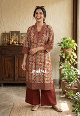 Brick Red with Multicolor - Aavani - Kalamkari Pure Cotton Readymade Kurti Set with Real Ajrakh Mirror Work - Perfect for Office Wear | Casual Days | Everyday wear