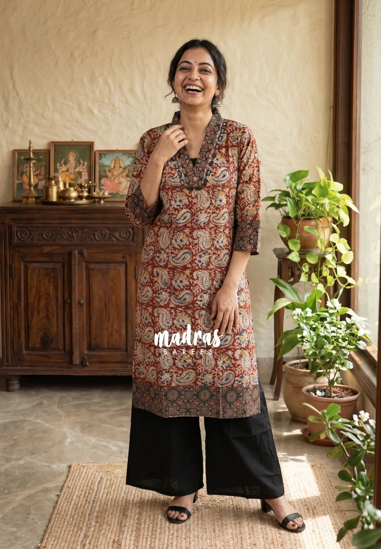 Dark Red with Mango Prints - Aavani - Kalamkari Pure Cotton Readymade Kurti Set with Real Ajrakh Mirror Work - Perfect for Office Wear | Casual Days | Everyday wear