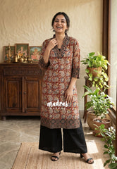 Dark Red with Mango Prints - Aavani - Kalamkari Pure Cotton Readymade Kurti Set with Real Ajrakh Mirror Work - Perfect for Office Wear | Casual Days | Everyday wear