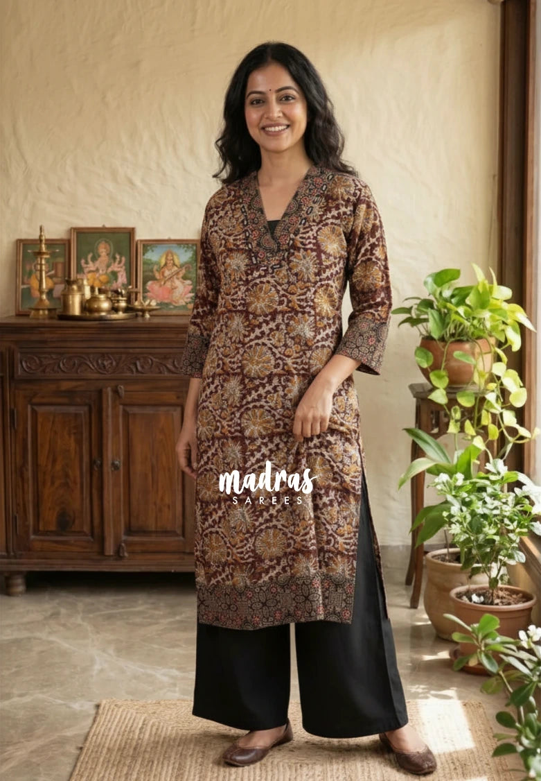 Maroon with Floral Prints - Aavani - Kalamkari Pure Cotton Readymade Kurti Set with Real Ajrakh Mirror Work - Perfect for Office Wear | Casual Days | Everyday wear