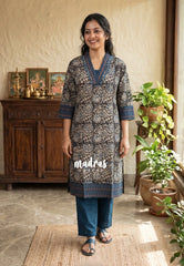 Ebony Black with Floral Prints - Aavani - Kalamkari Pure Cotton Readymade Kurti Set with Real Ajrakh Mirror Work - Perfect for Office Wear | Casual Days | Everyday wear