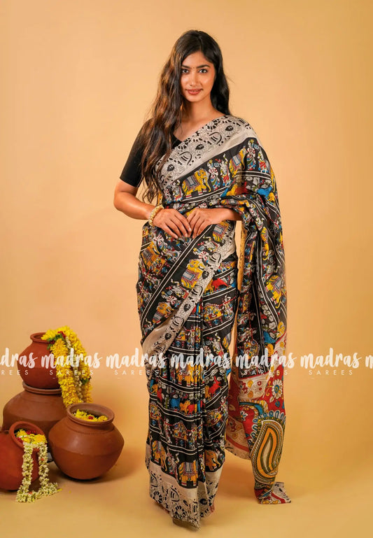Black - Kalanjali chanderi cotton kalamkari printed with tissue border