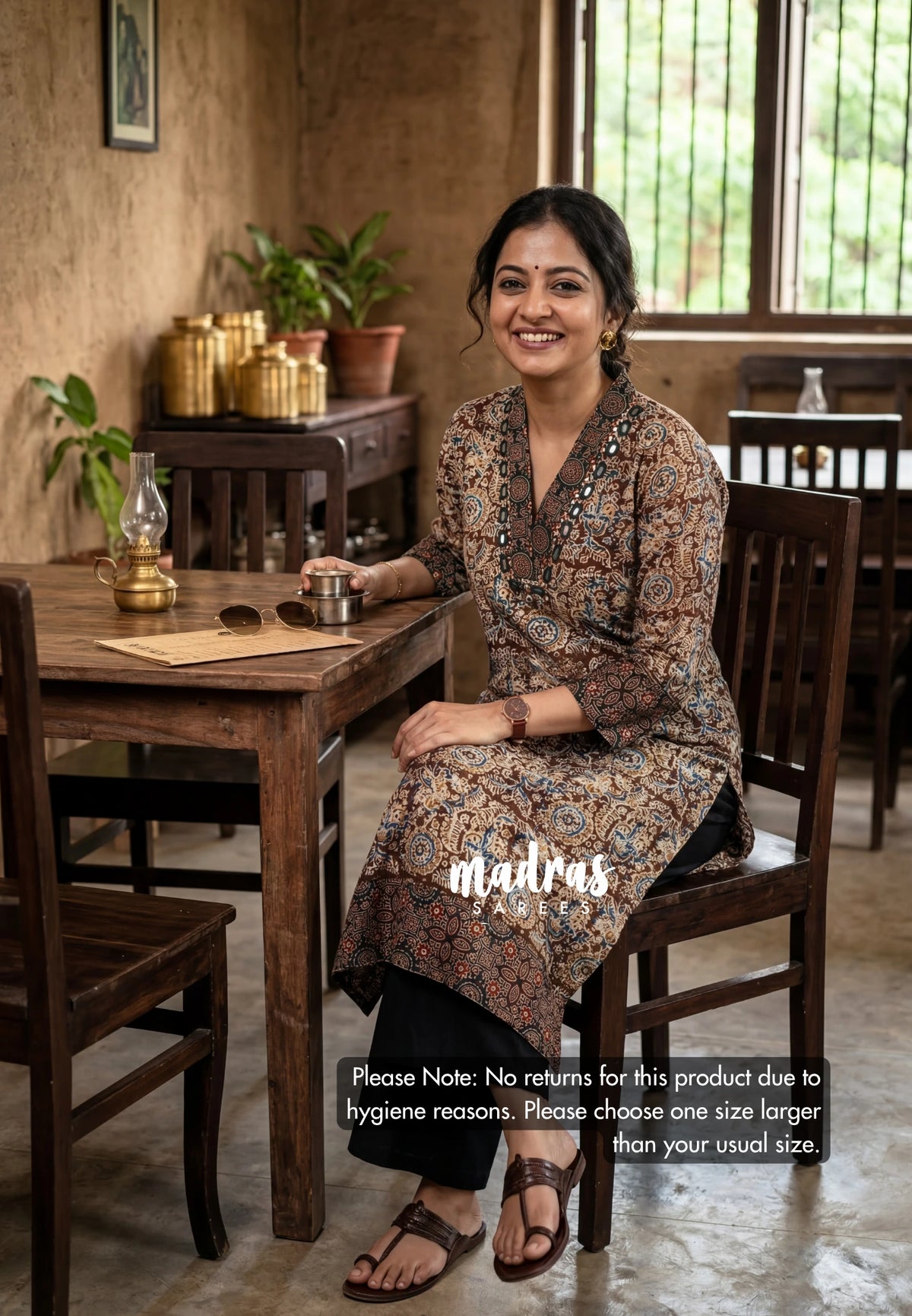 Maroon with Leaf Prints - Aavani - Kalamkari Pure Cotton Readymade Kurti Set with Real Ajrakh Mirror Work - Perfect for Office Wear | Casual Days | Everyday wear