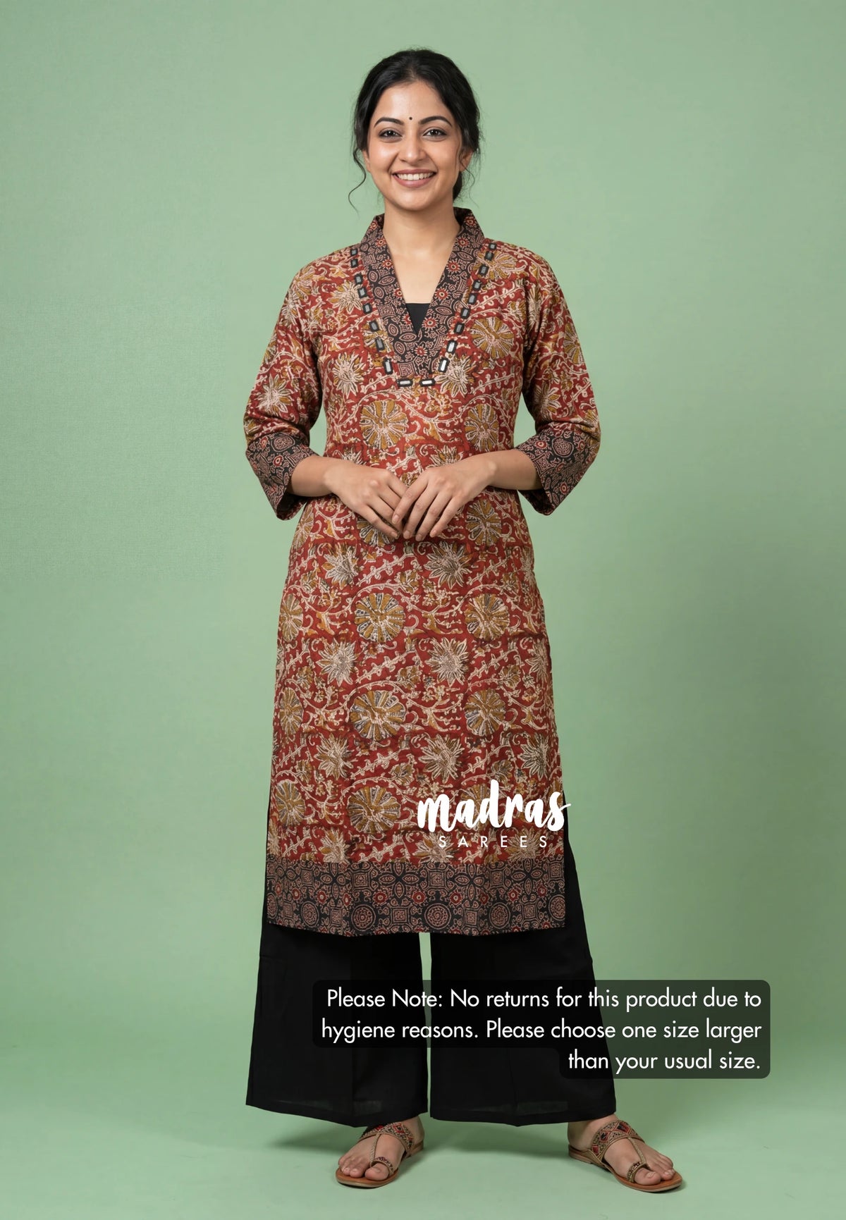 Dark Red with Flower Print - Aavani - Kalamkari Pure Cotton Readymade Kurti Set with Real Ajrakh Mirror Work - Perfect for Office Wear | Casual Days | Everyday wear