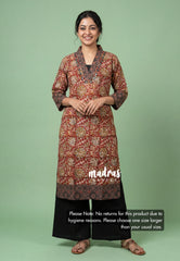 Dark Red with Flower Print - Aavani - Kalamkari Pure Cotton Readymade Kurti Set with Real Ajrakh Mirror Work - Perfect for Office Wear | Casual Days | Everyday wear