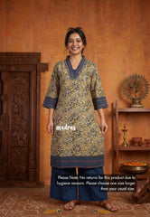 Olive Green with Flower Prints - Aavani - Kalamkari Pure Cotton Readymade Kurti Set with Real Ajrakh Mirror Work - Perfect for Office Wear | Casual Days | Everyday wear