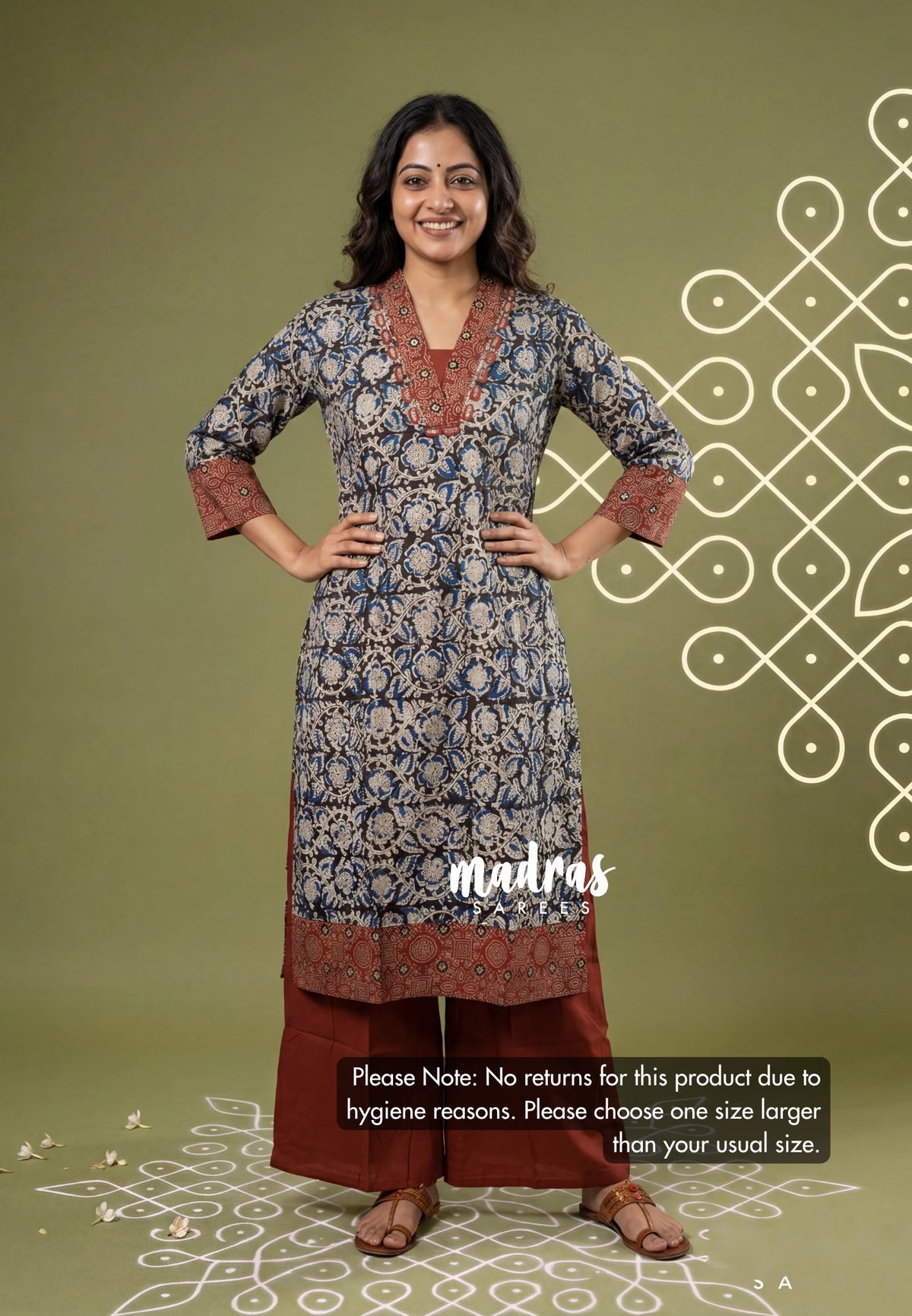 Nightfall Black with Floral Prints - Aavani - Kalamkari Pure Cotton Readymade Kurti Set with Real Ajrakh Mirror Work - Perfect for Office Wear | Casual Days | Everyday wear
