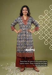 Nightfall Black with Floral Prints - Aavani - Kalamkari Pure Cotton Readymade Kurti Set with Real Ajrakh Mirror Work - Perfect for Office Wear | Casual Days | Everyday wear