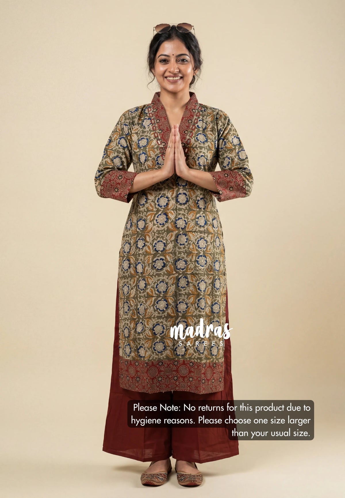 Olive Green with Flower Print - Aavani - Kalamkari Pure Cotton Readymade Kurti Set with Real Ajrakh Mirror Work - Perfect for Office Wear | Casual Days | Everyday wear