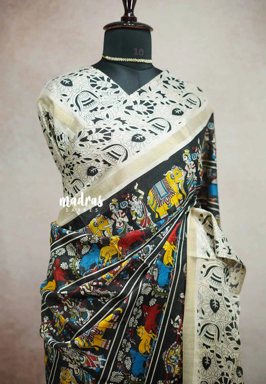 Black - Kalanjali chanderi cotton kalamkari printed with tissue border